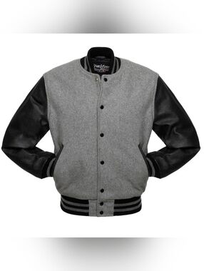 STEWART AND STRAUSS Grey Wool, Black Leather Varsity / Letterman Jacket XXL EUC